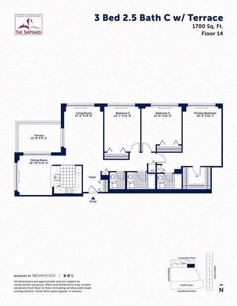 Floor plan for 3 beds, 2.5 baths, 1700 sqft